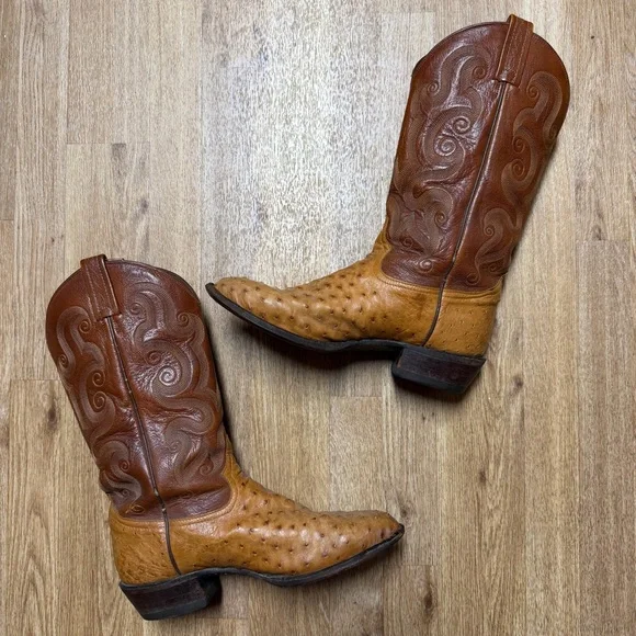 Tony Lama Peanut Brittle Full Quill Ostrich Round Toe Western Boots 9D Exotic - Picture 2 of 16